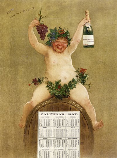 Promotional Calendar for Pfungst Freres Champagne, Illustrating Bacchus Seated on a Barrel Bearing the Legend 